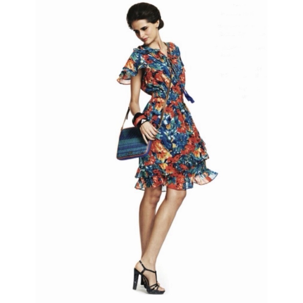 Duro Olowu Floral Chiffon Ruffle Dress Women's L Midi Rouched Waist Gorgeous XS